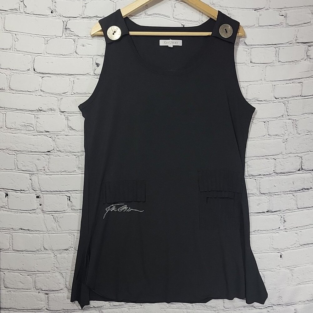 Kay Unger Shift Dress 8 Black Rhinestones Sleeveless Big Button Flapper Style